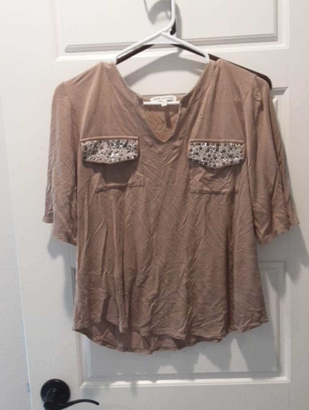 Faith and Joy Taupe V-Neck Top with Beaded Pocket Flaps